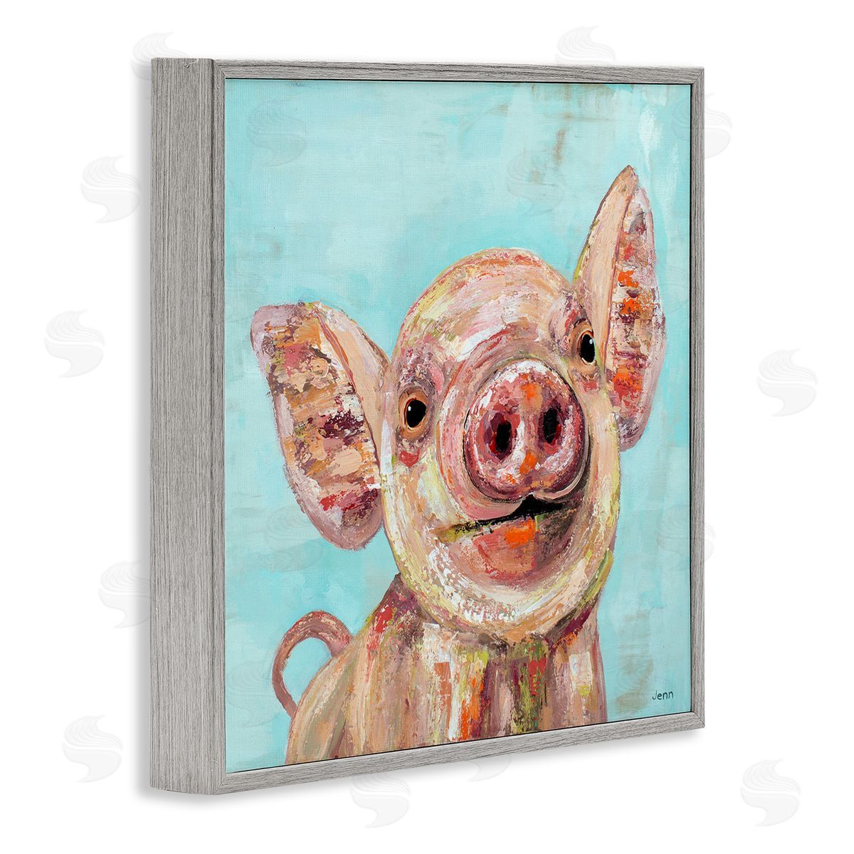 Jen Seeley Smiling Pig Farm Animal Gray Framed Glicee Wall Art Print