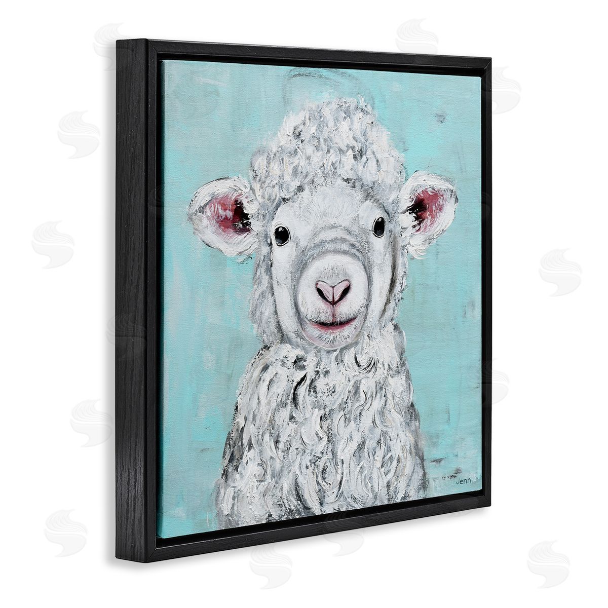 Jen Seeley Smiling Lamb Farm Animal Face Black Floating Frame Canvas Wall Art Print