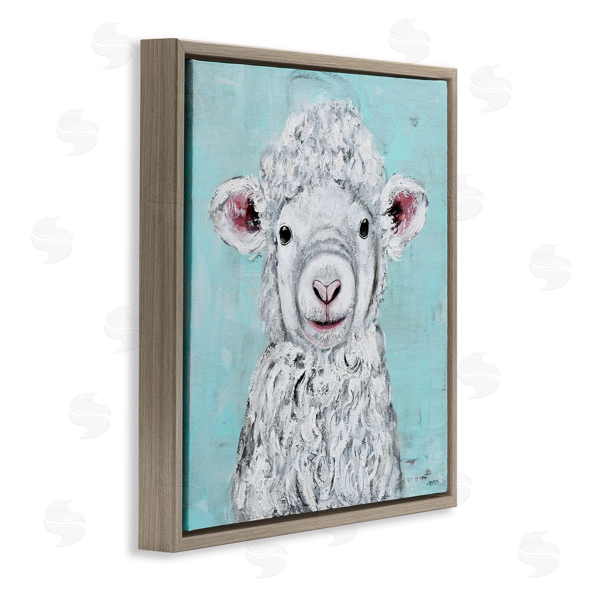 Jen Seeley Smiling Lamb Farm Animal Face Brown Floating Frame Canvas Wall Art Print
