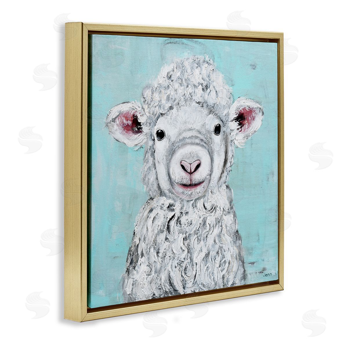 Jen Seeley Smiling Lamb Farm Animal Face Gold Floating Frame Canvas Wall Art Print