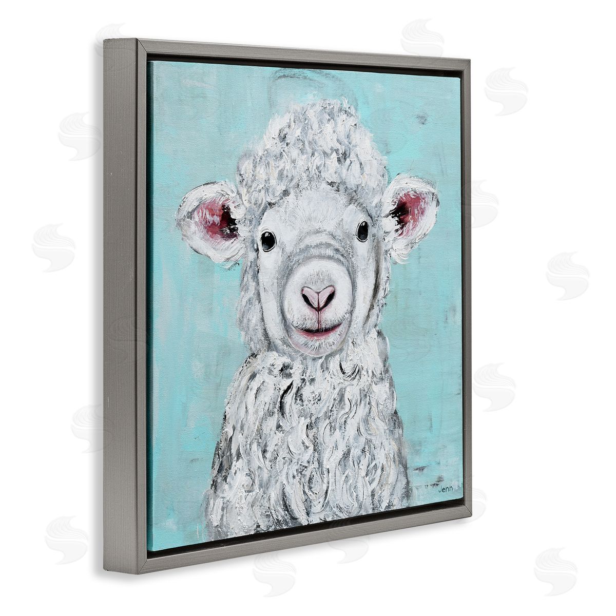 Jen Seeley Smiling Lamb Farm Animal Face Gray Floating Frame Canvas Wall Art Print