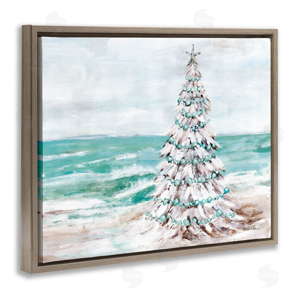Snowy Christmas Tree on Beach Brown Floating Frame Canvas Wall Art, Home Decor by Amanda Hilburn