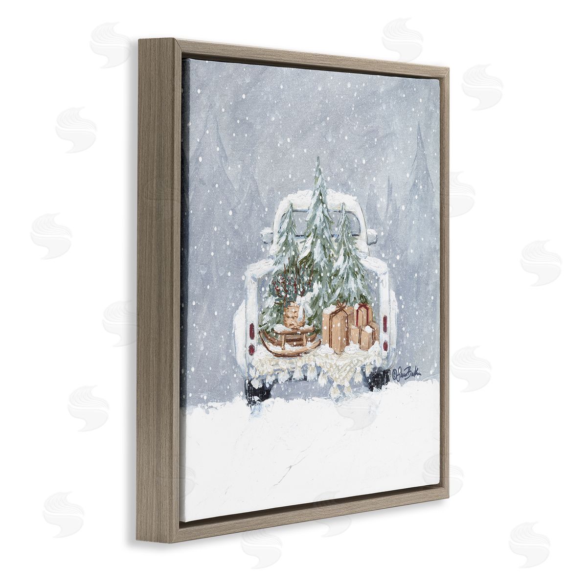 Sara Baker Winter Snow Holiday Gifts  Brown Floating Frame Canvas Wall Art Print