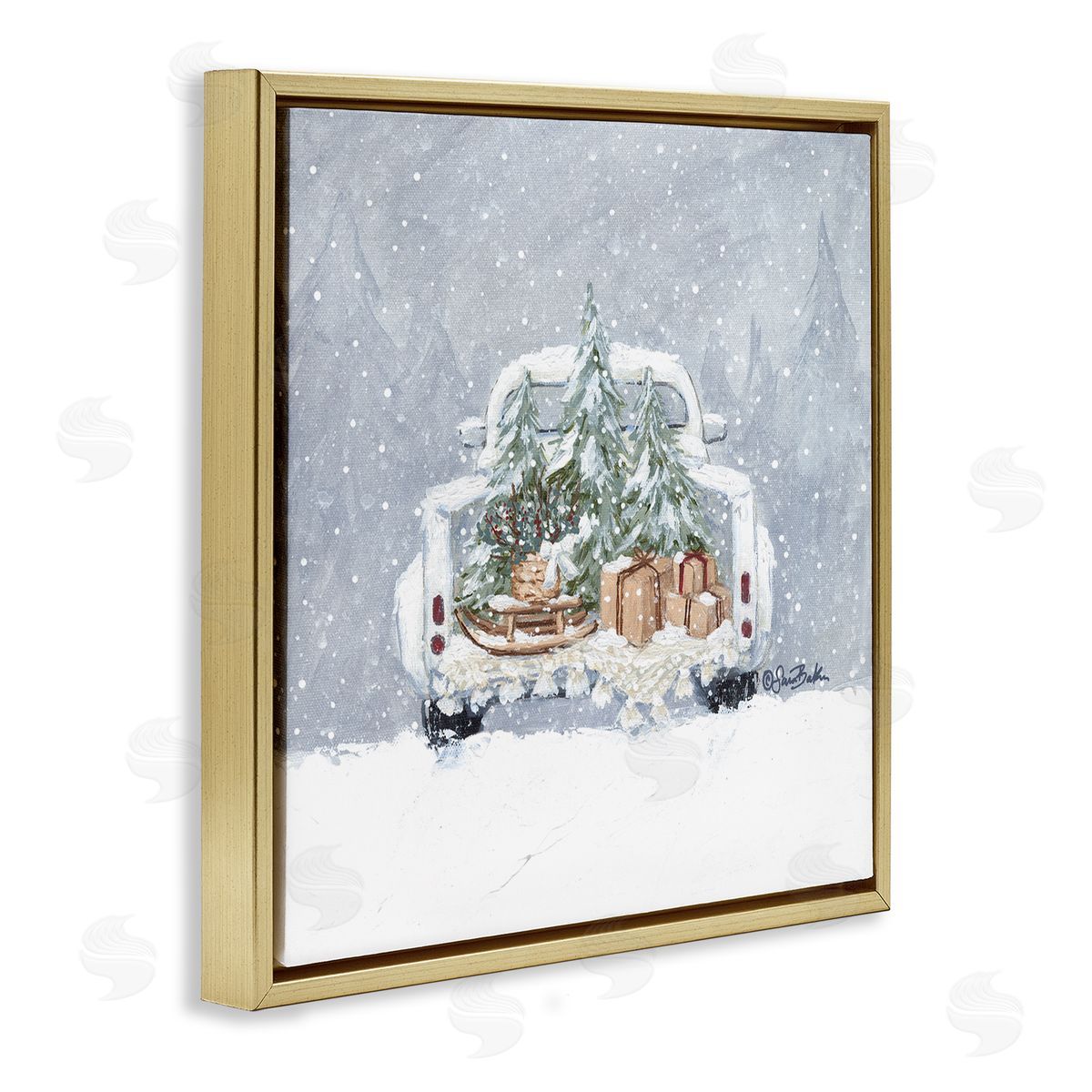 Sara Baker Winter Snow Holiday Gifts  Gold Floating Frame Canvas Wall Art Print
