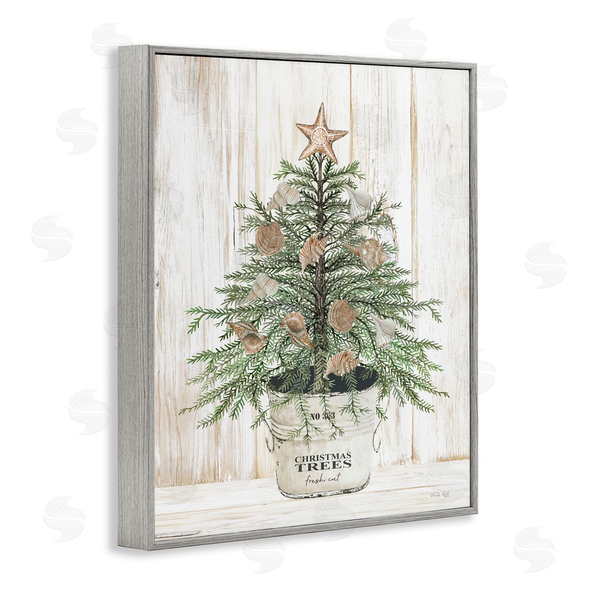 Rustic Seashell Christmas Tree Grey Frame Print Wall Art, Home Decor by Cindy Jacobs