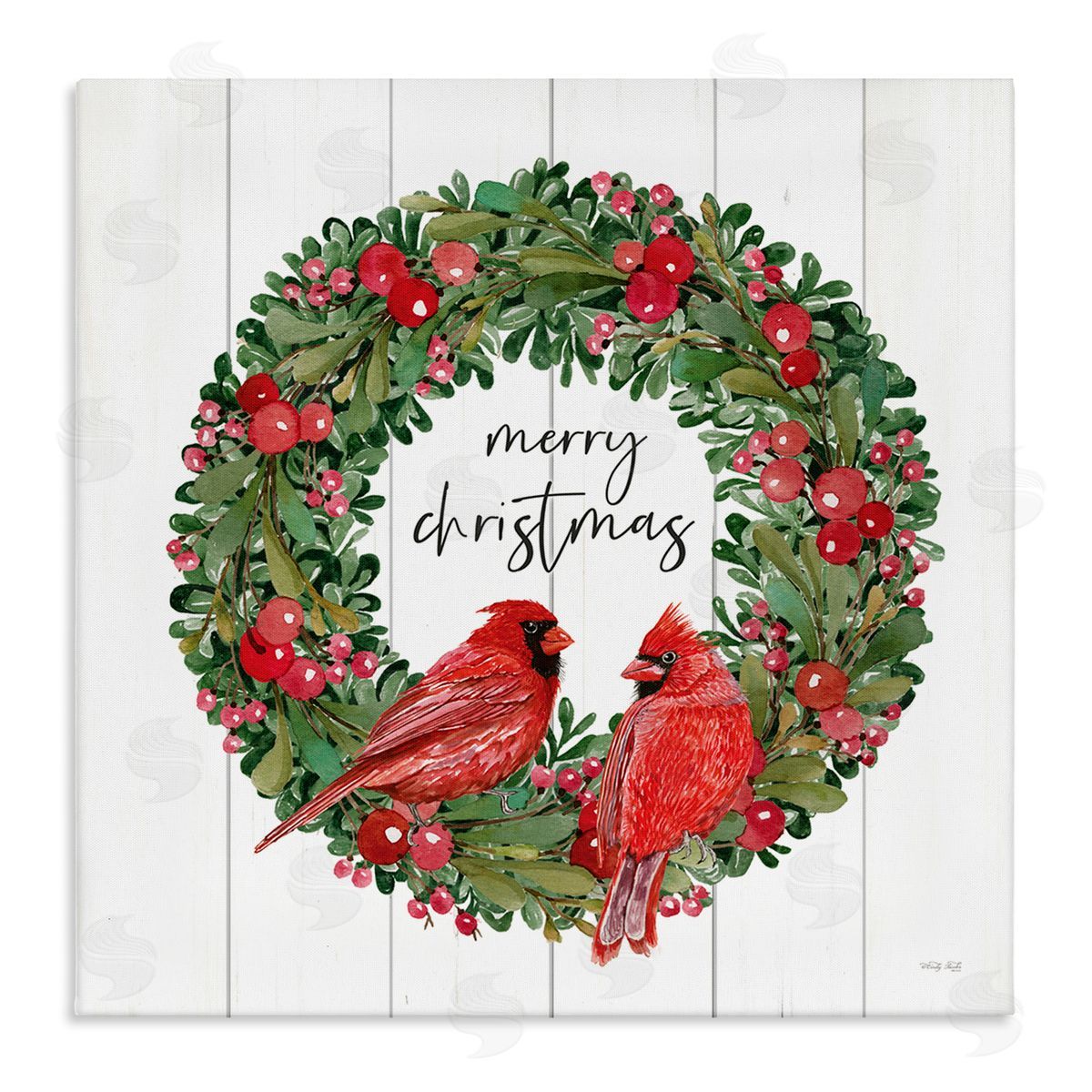 Cindy Jacobs Merry Christmas Red Cardinal Wreath Stretched Canvas Wall Art Print