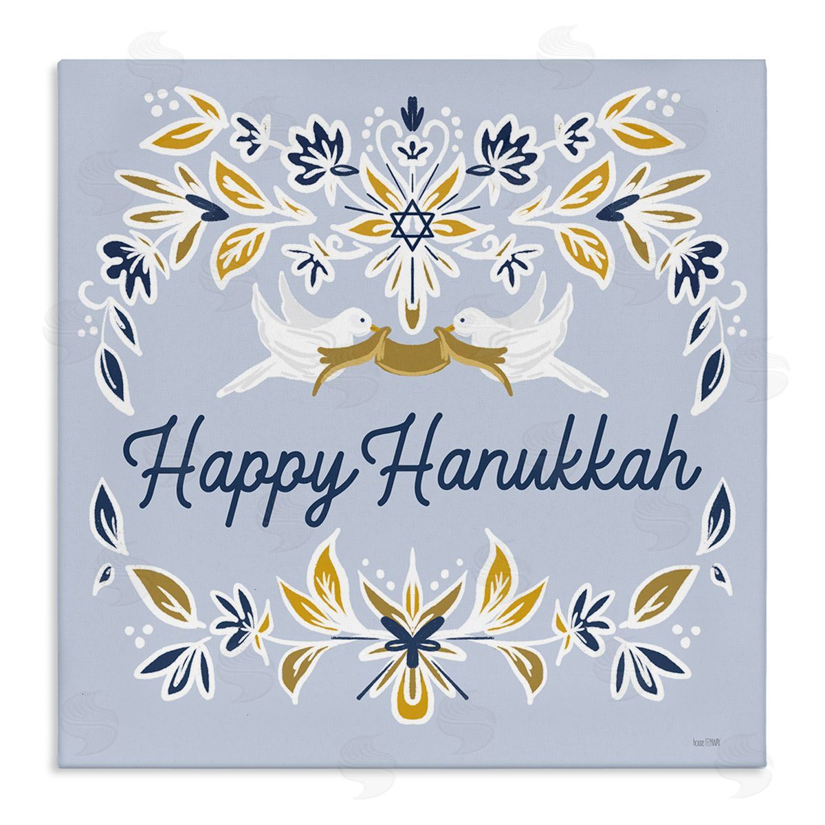 House Fenway Happy Hanukkah Floral Doves Banner Stretched Canvas Wall Art Print