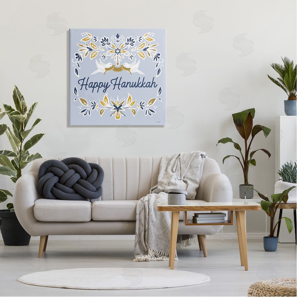 House Fenway Happy Hanukkah Floral Doves Banner Canvas Wall Art in Room