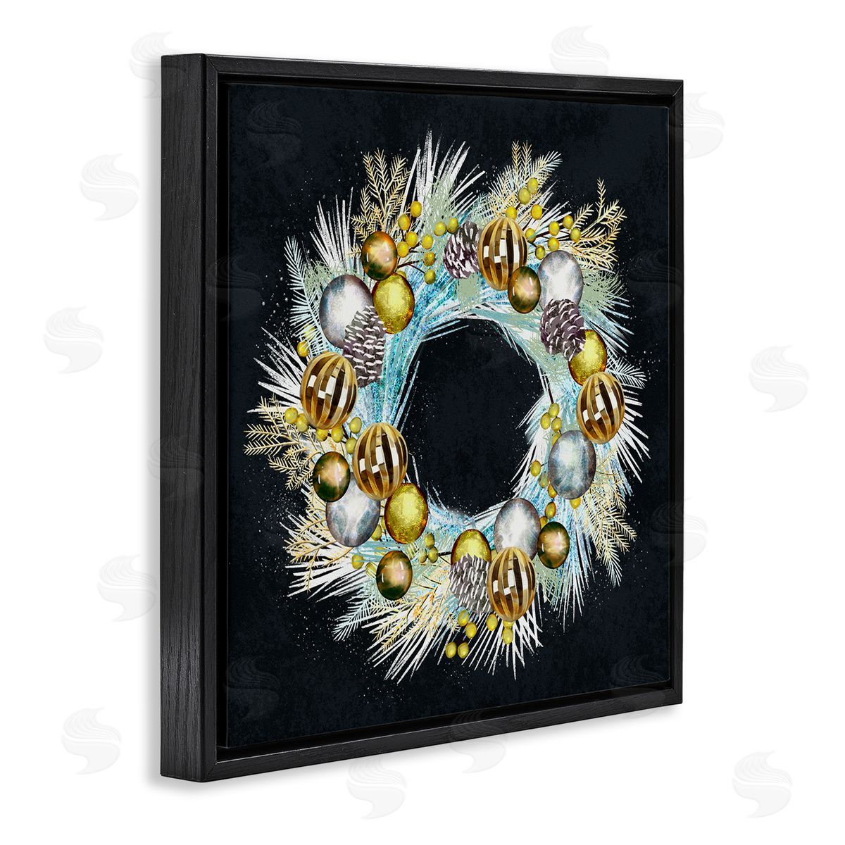 Ziwei Li Gleaming Seasonal Pine Wreath  Black Floating Frame Canvas Wall Art Print