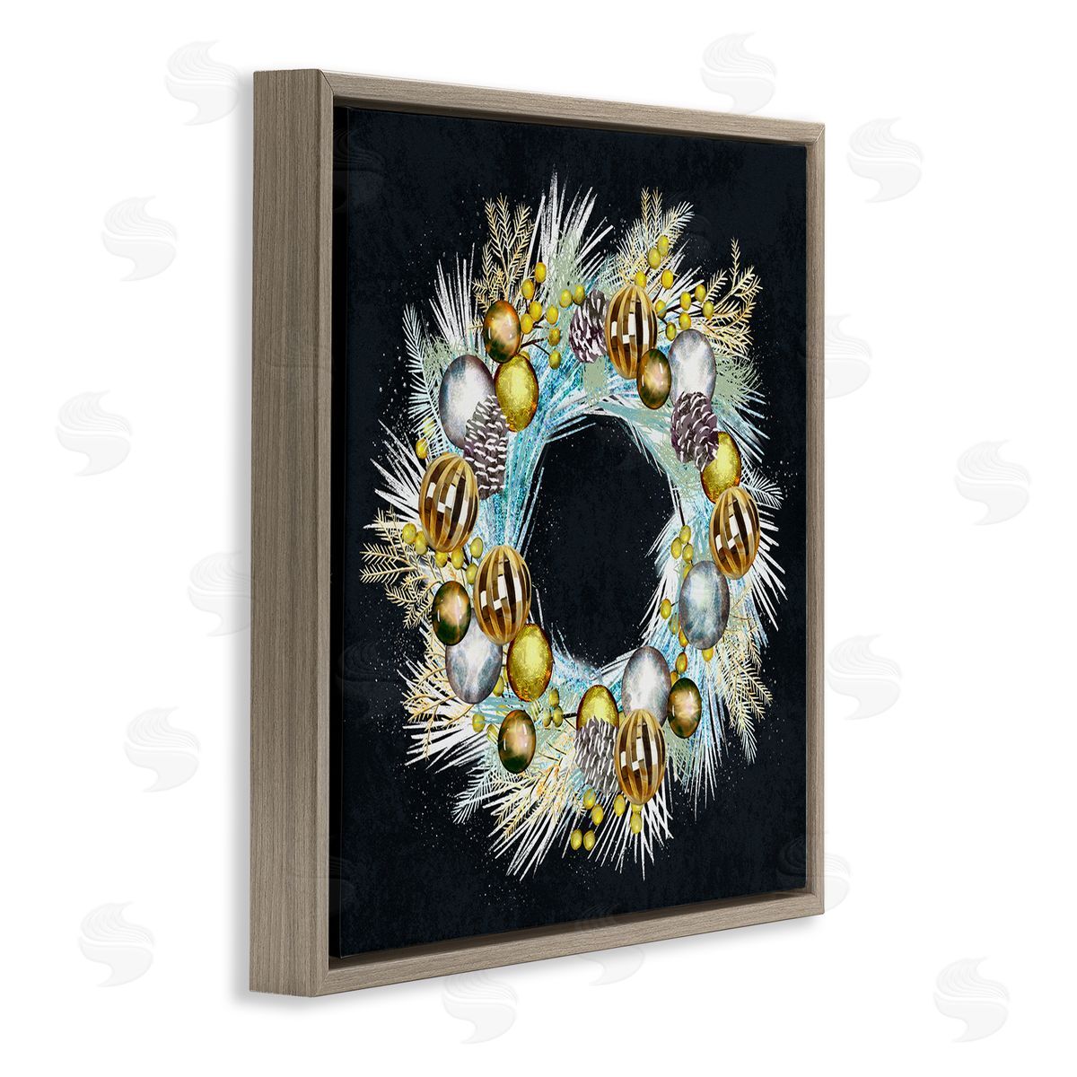 Ziwei Li Gleaming Seasonal Pine Wreath  Brown Floating Frame Canvas Wall Art Print