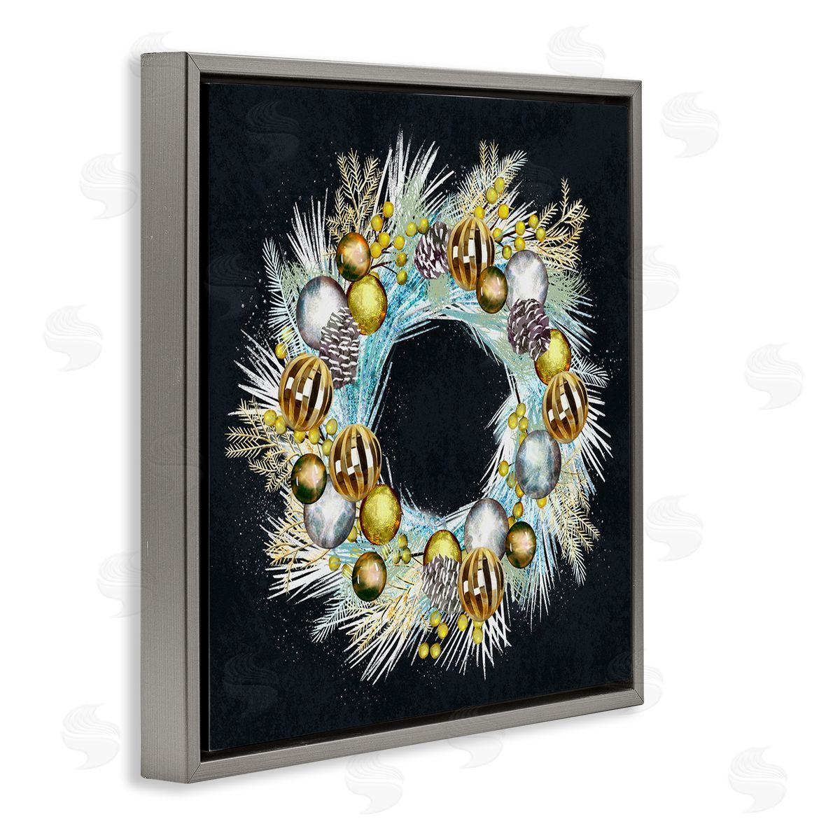 Ziwei Li Gleaming Seasonal Pine Wreath  Gray Floating Frame Canvas Wall Art Print