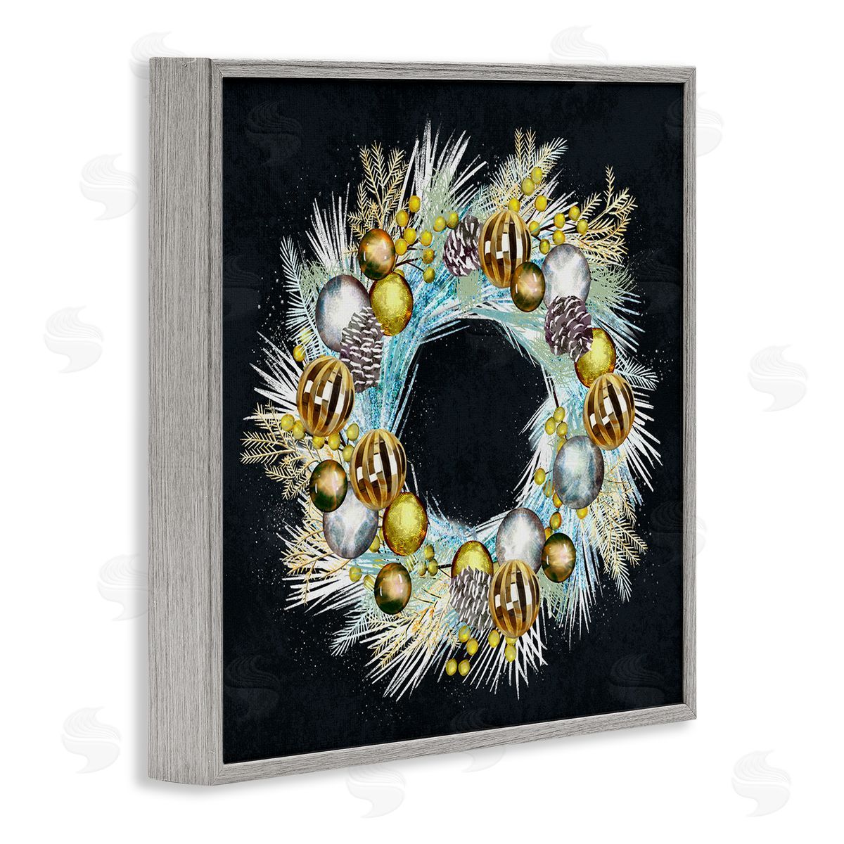 Ziwei Li Gleaming Seasonal Pine Wreath  Gray Framed Glicee Wall Art Print