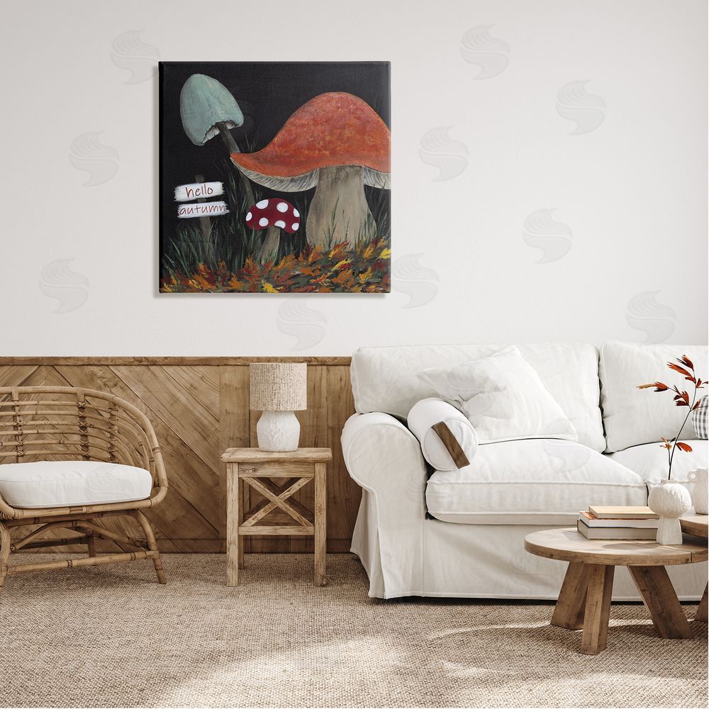 Soulspeak & Sawdust Hello Autumn Woodland Mushroom Forest Canvas Wall Art in Room