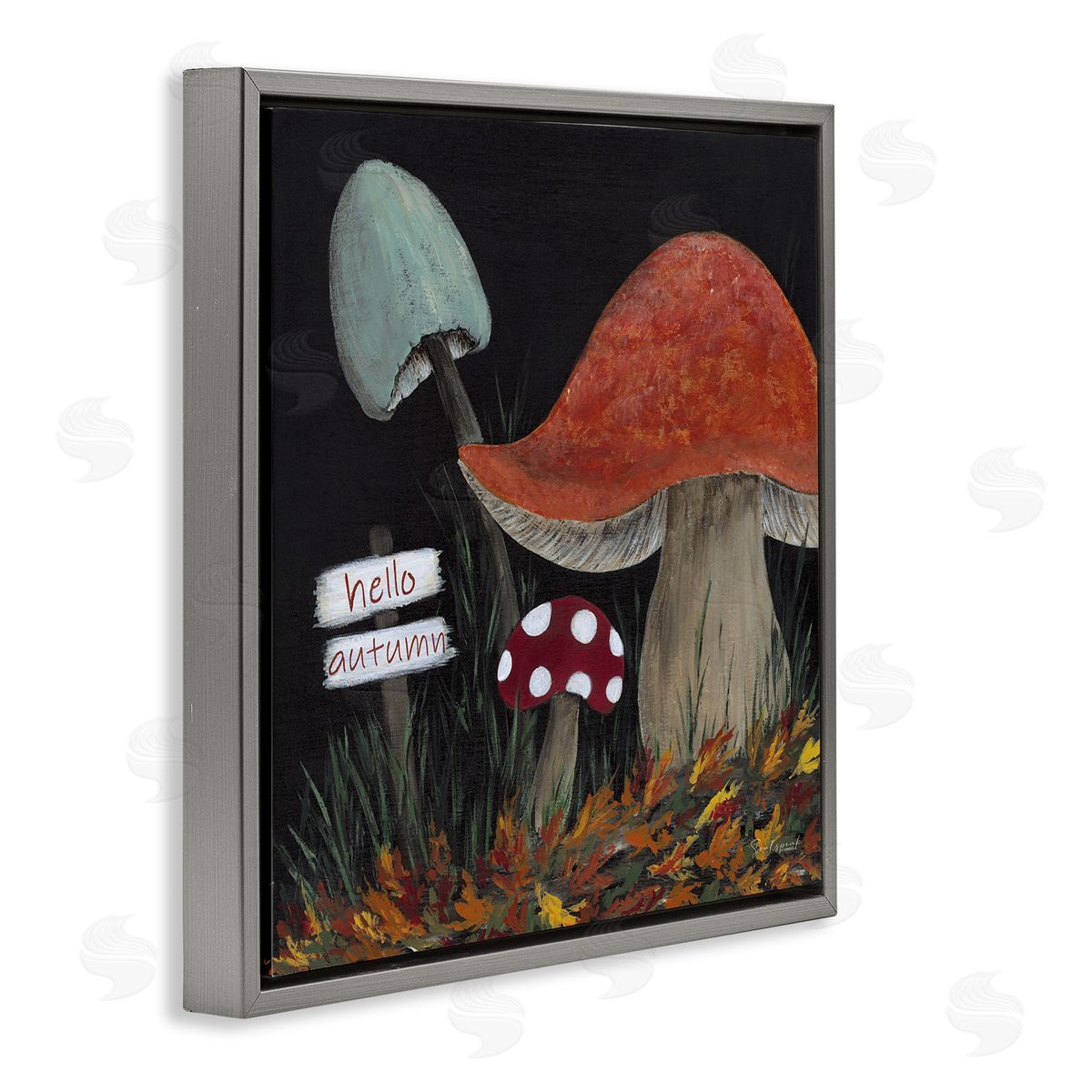 Soulspeak & Sawdust Hello Autumn Woodland Mushroom Forest Gray Floating Frame Canvas Wall Art Print
