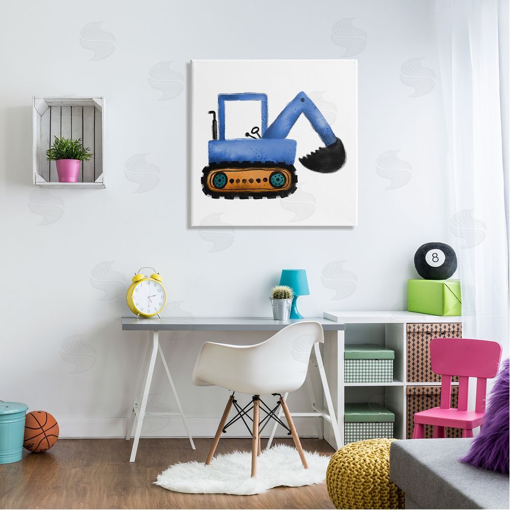 Elizabeth Medley Blue Construction Excavator Vehicle Canvas Wall Art in Room