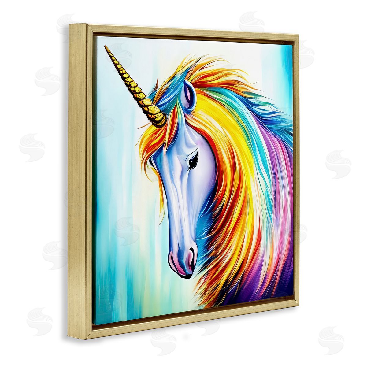 Denise Dundon Rainbow Unicorn Fantasy Portrait Gold Floating Frame Canvas Wall Art Print