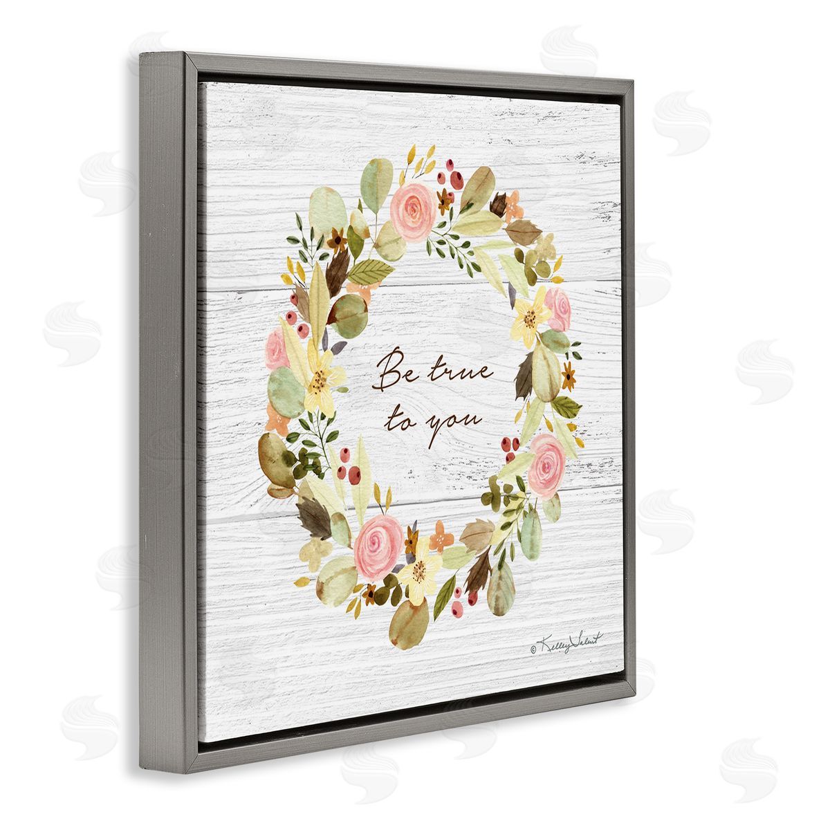 Kelley Talent Be True To You Peony Wreath Gray Floating Frame Canvas Wall Art Print