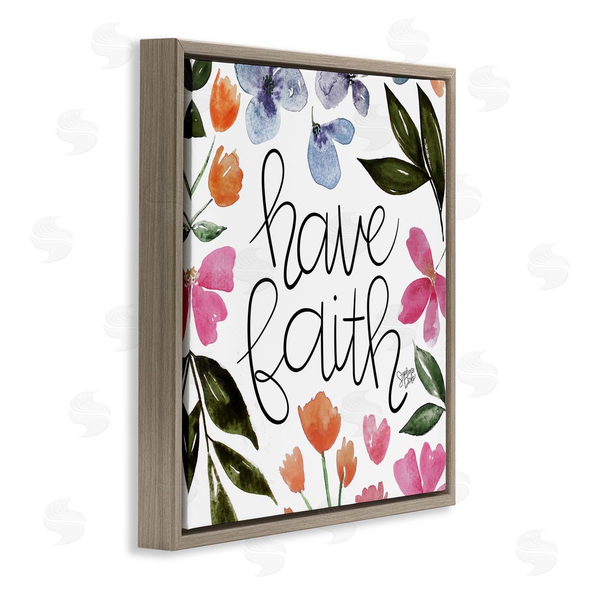 Stephanie Dicks Have Faith Floral Phrase Brown Floating Frame Canvas Wall Art Print
