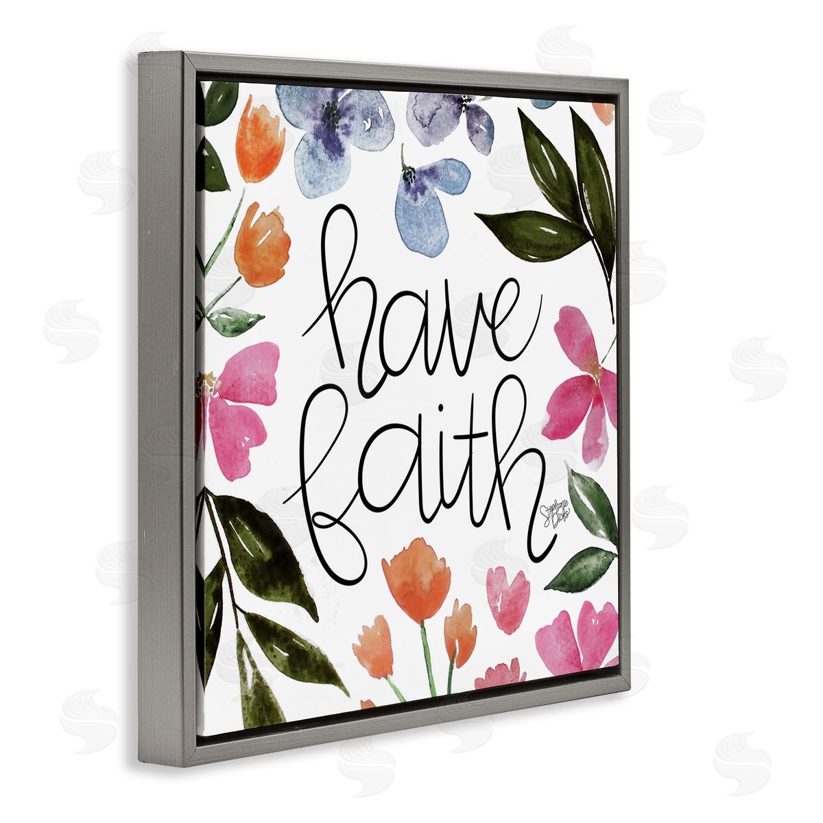 Stephanie Dicks Have Faith Floral Phrase Gray Floating Frame Canvas Wall Art Print