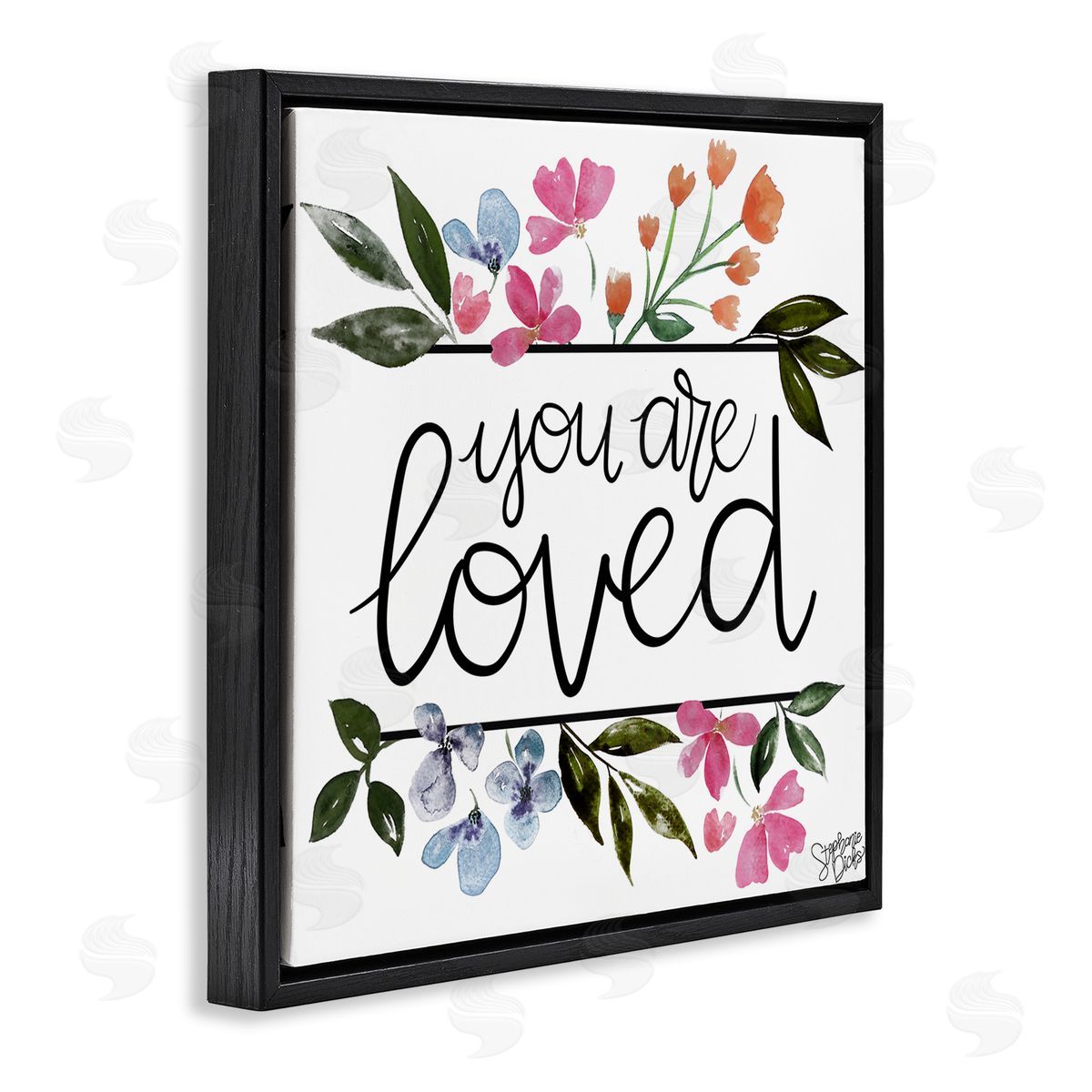 Stephanie Dicks You Are Loved Botanical Blossoms Black Floating Frame Canvas Wall Art Print