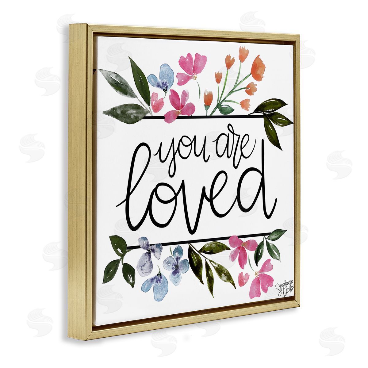Stephanie Dicks You Are Loved Botanical Blossoms Gold Floating Frame Canvas Wall Art Print