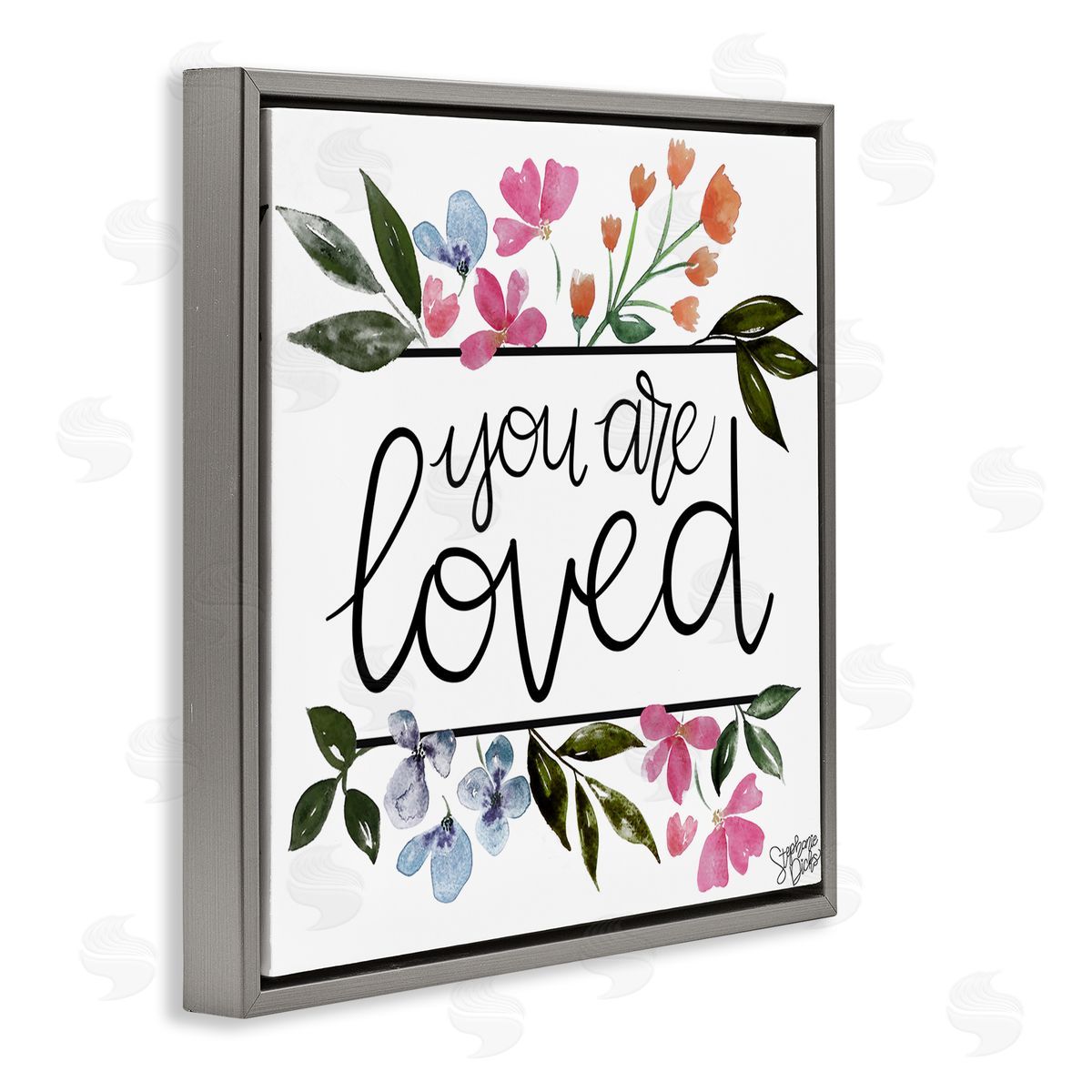 Stephanie Dicks You Are Loved Botanical Blossoms Gray Floating Frame Canvas Wall Art Print