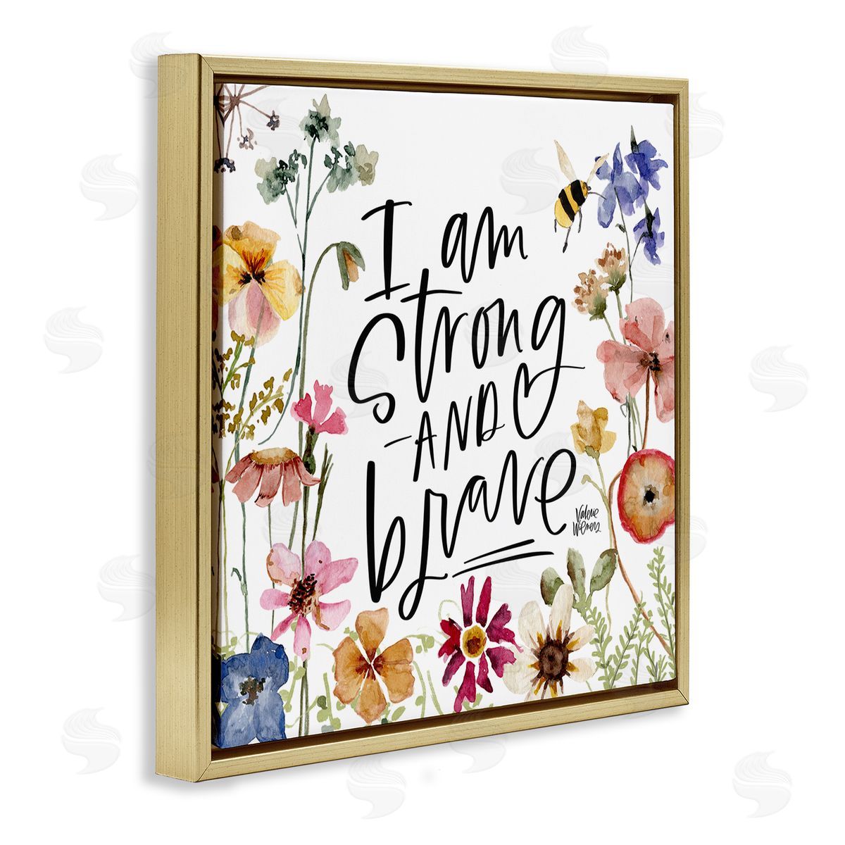 I Am Strong & Brave Inspirational Gold Floating Frame Canvas Wall Art, Home Decor by Valerie Weiners