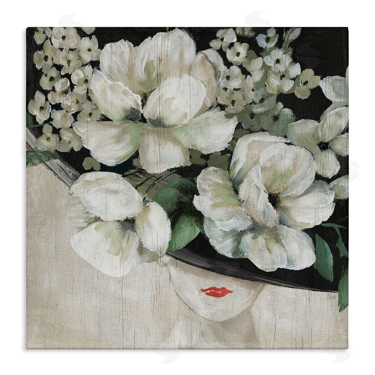 Nan Rustic Fashion Woman Floral Hat Stretched Canvas Wall Art Print