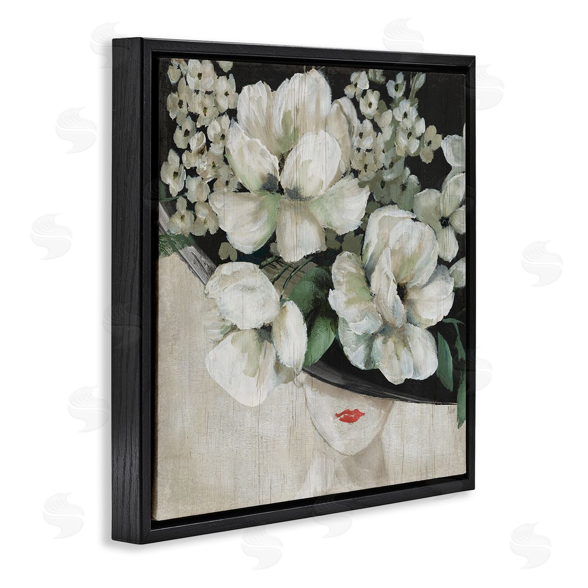 Nan Rustic Fashion Woman Floral Hat Black Floating Frame Canvas Wall Art Print