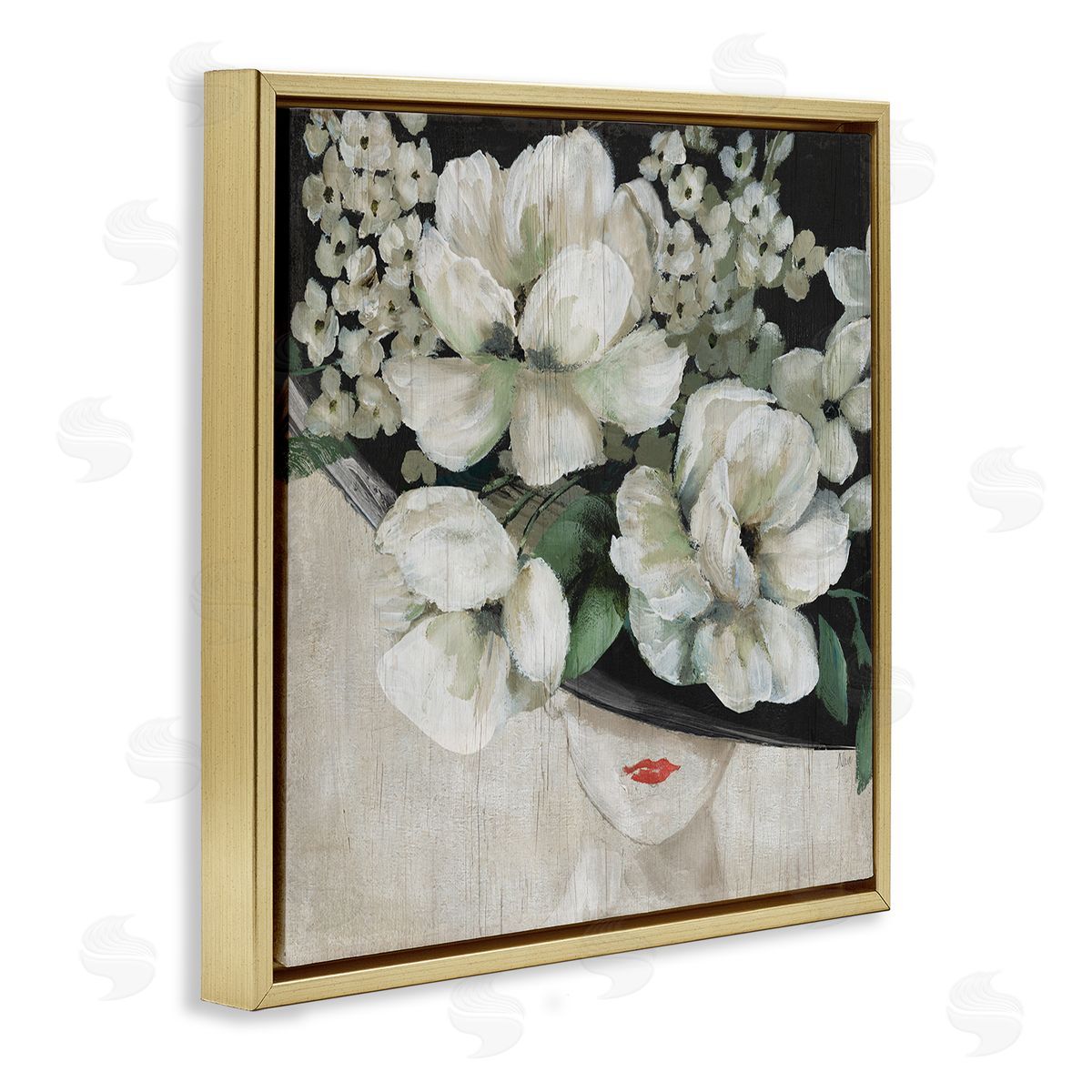 Nan Rustic Fashion Woman Floral Hat Gold Floating Frame Canvas Wall Art Print