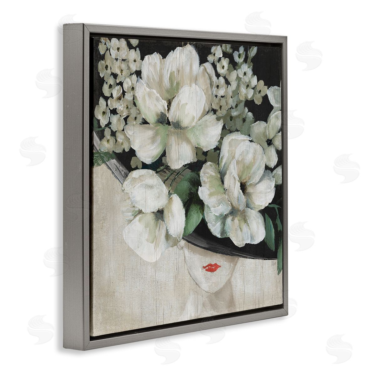 Nan Rustic Fashion Woman Floral Hat Gray Floating Frame Canvas Wall Art Print