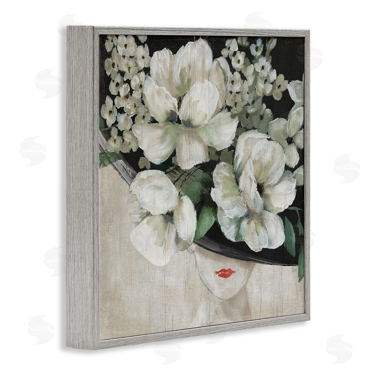 Nan Rustic Fashion Woman Floral Hat Gray Framed Glicee Wall Art Print