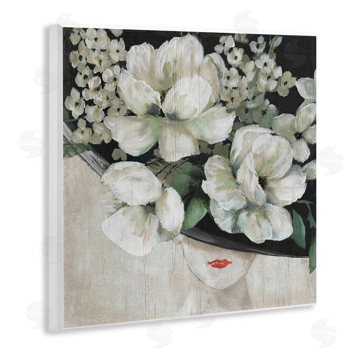 Nan Rustic Fashion Woman Floral Hat Wooden Wall Plaque Art Print