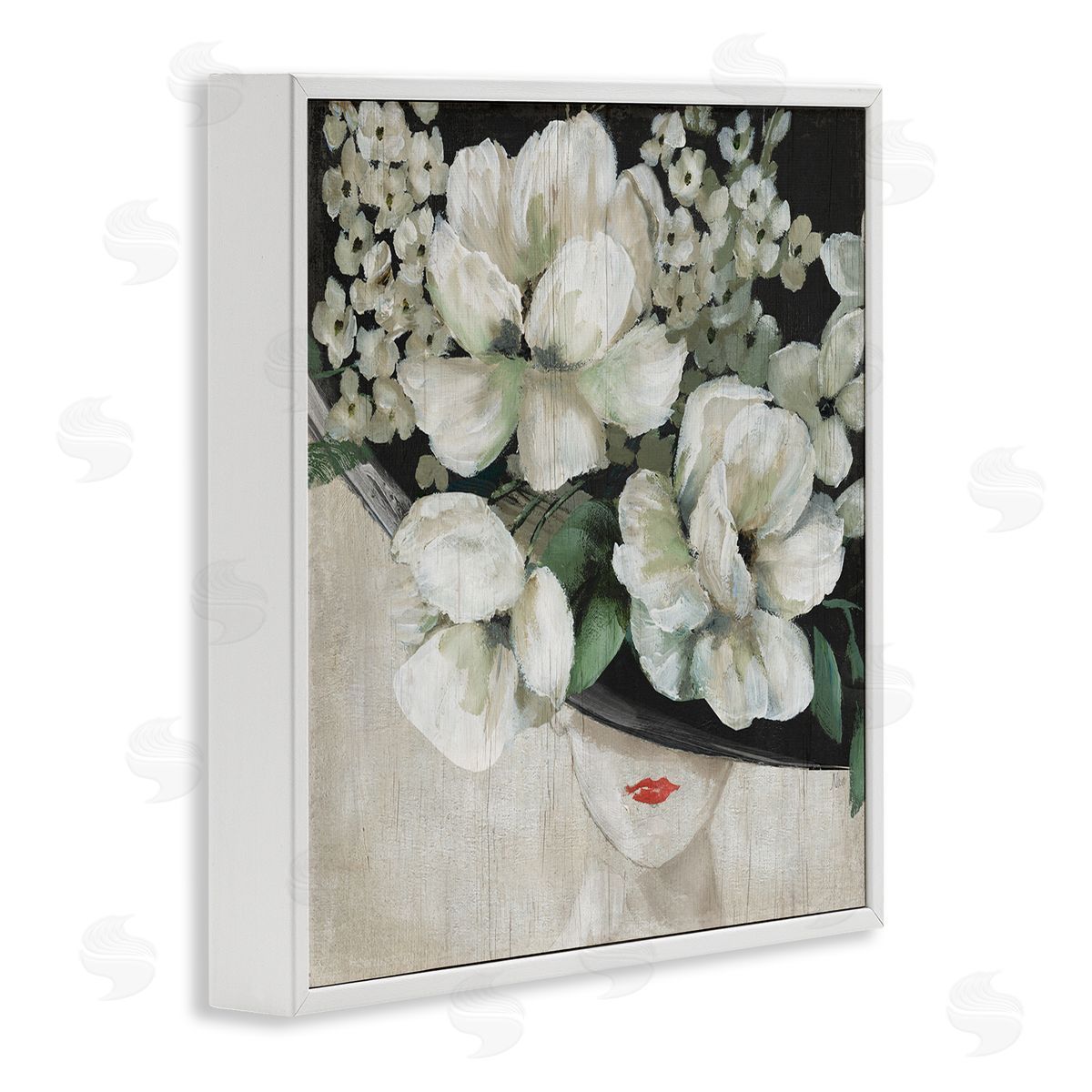 Nan Rustic Fashion Woman Floral Hat White Framed Glicee Wall Art Print