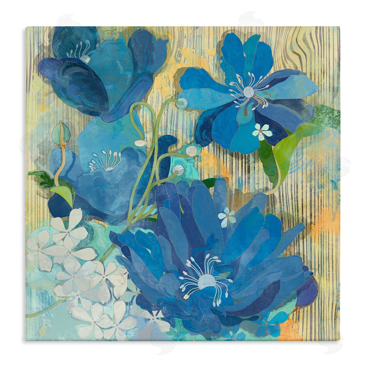 Evelia Designs Modern Blue Geraniums Patterned Stretched Canvas Wall Art Print