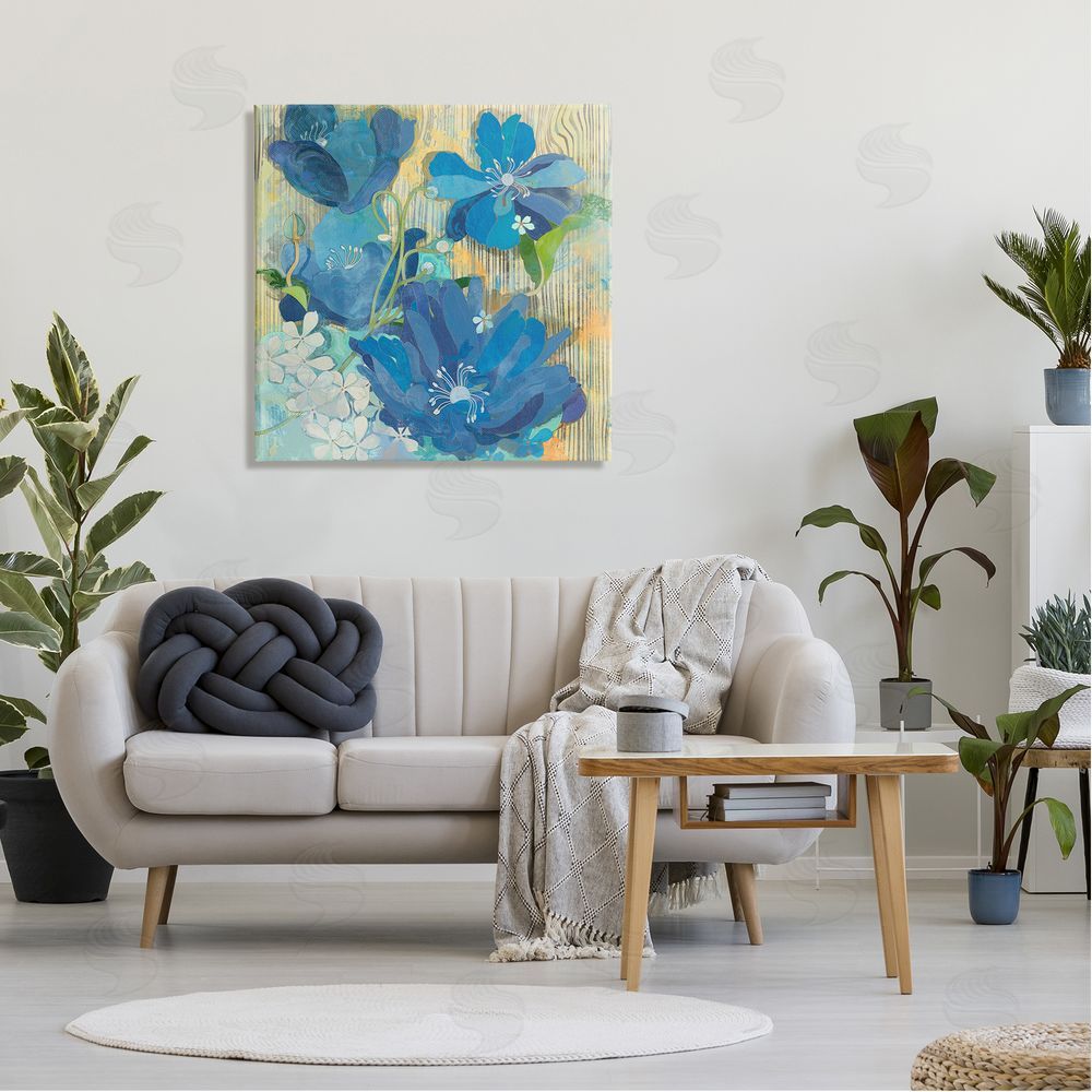 Evelia Designs Modern Blue Geraniums Patterned Canvas Wall Art in Room