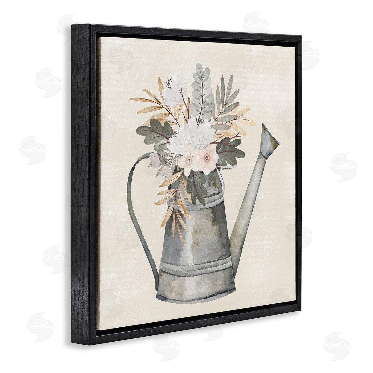 Nicole DeCamp Country Botanical Watering Can Bouquet Black Floating Frame Canvas Wall Art Print