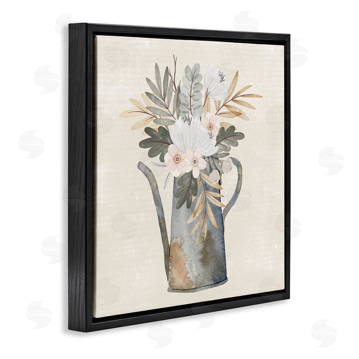 Nicole DeCamp Weathered Watering Can Garden Blooms Black Floating Frame Canvas Wall Art Print
