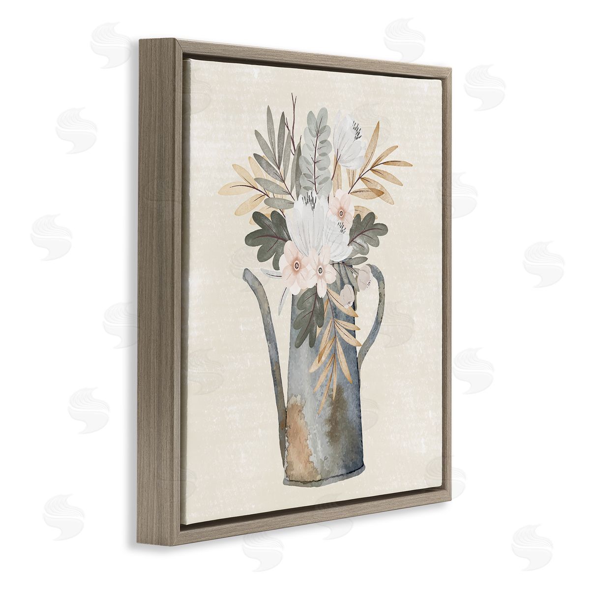 Nicole DeCamp Weathered Watering Can Garden Blooms Brown Floating Frame Canvas Wall Art Print