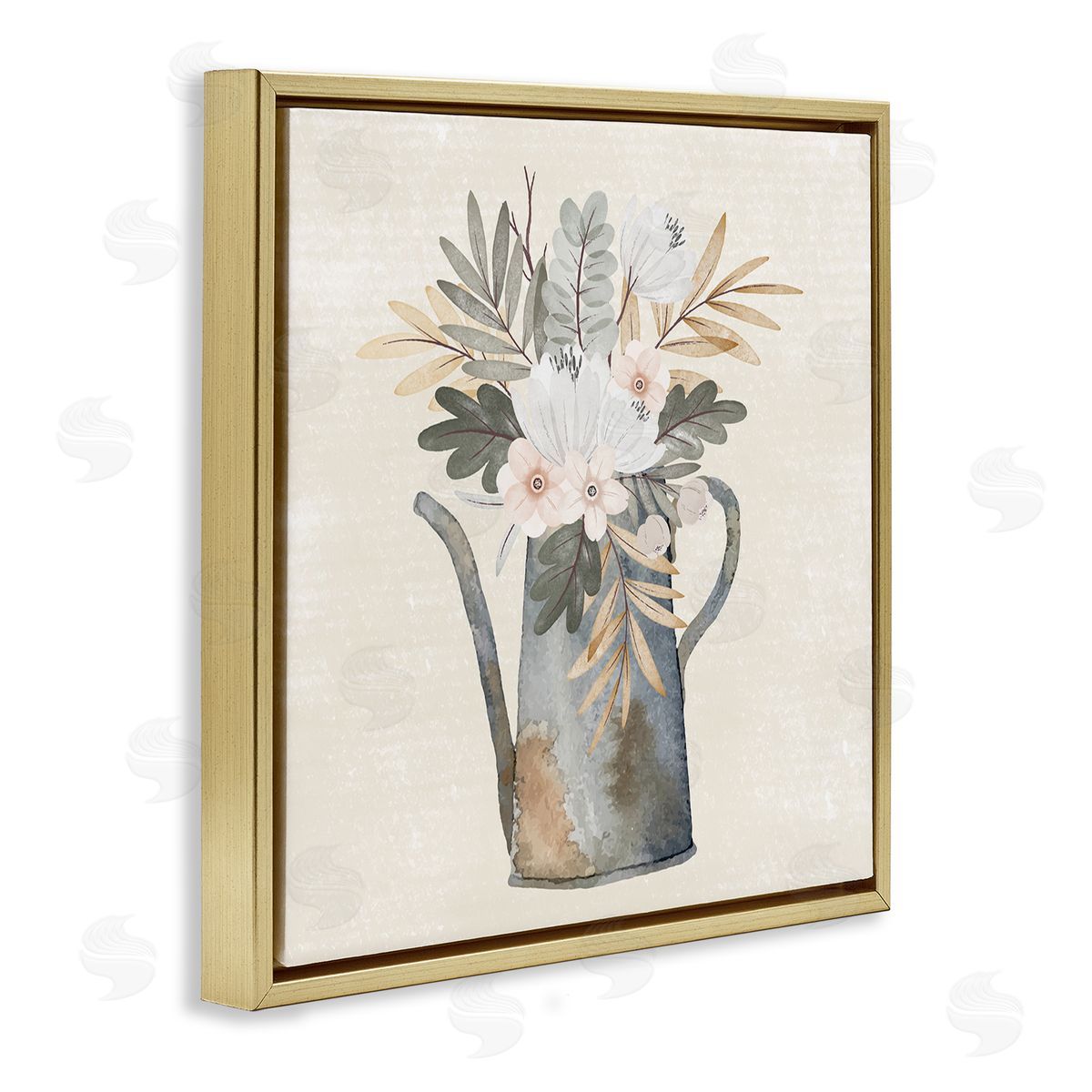 Nicole DeCamp Weathered Watering Can Garden Blooms Gold Floating Frame Canvas Wall Art Print