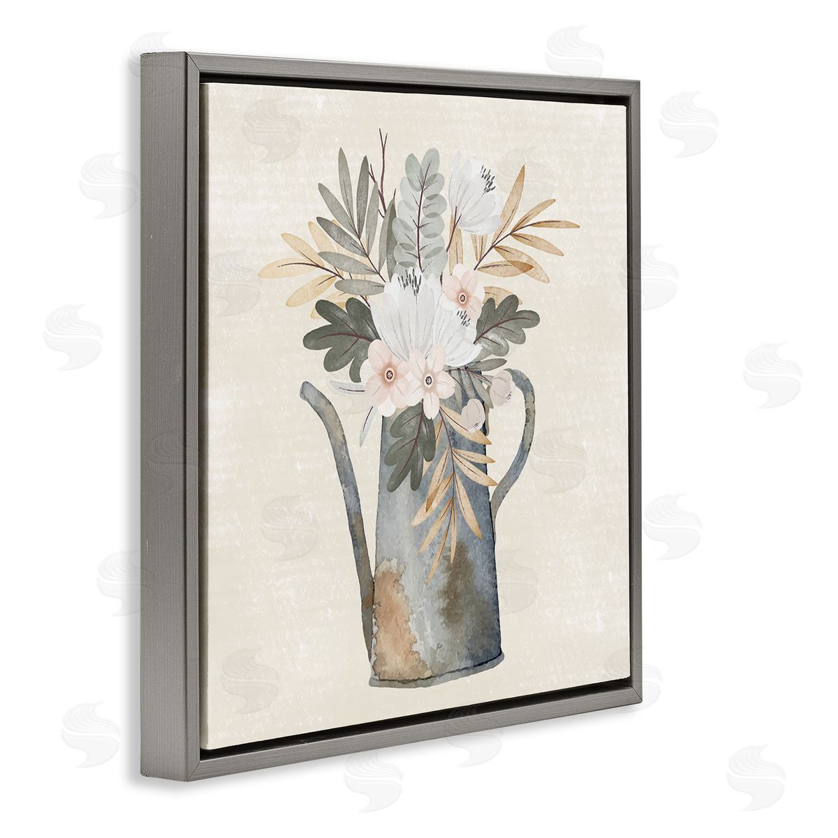 Nicole DeCamp Weathered Watering Can Garden Blooms Gray Floating Frame Canvas Wall Art Print