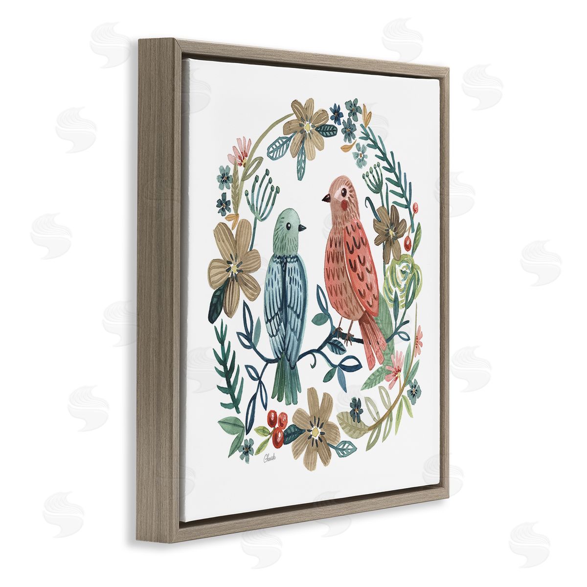 Cherish Flieder Birds Perched Natural Floral Wreath Brown Floating Frame Canvas Wall Art Print