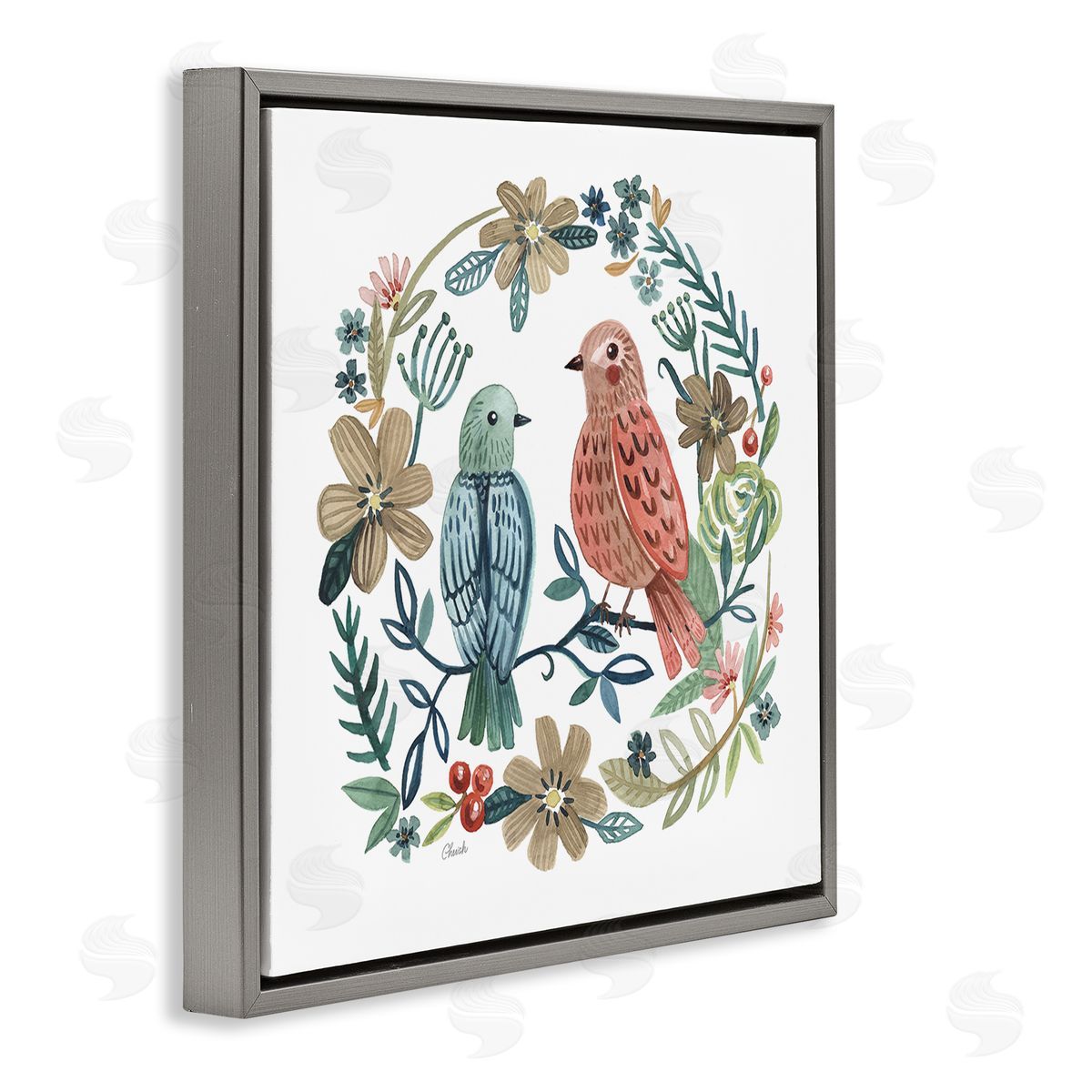 Cherish Flieder Birds Perched Natural Floral Wreath Gray Floating Frame Canvas Wall Art Print