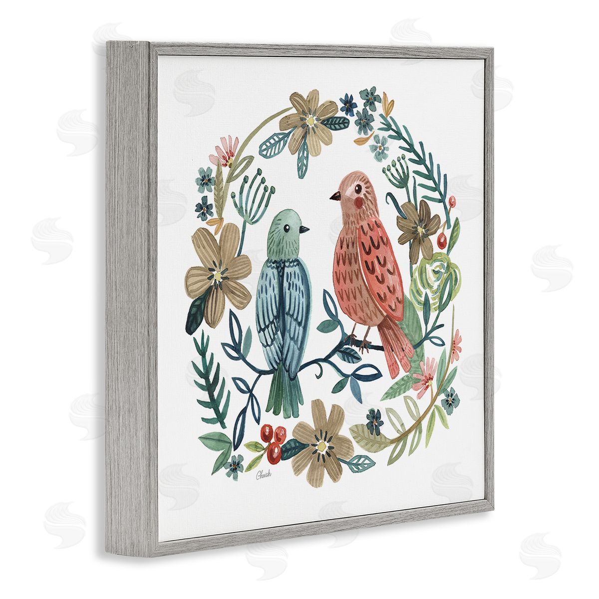 Cherish Flieder Birds Perched Natural Floral Wreath Gray Framed Glicee Wall Art Print