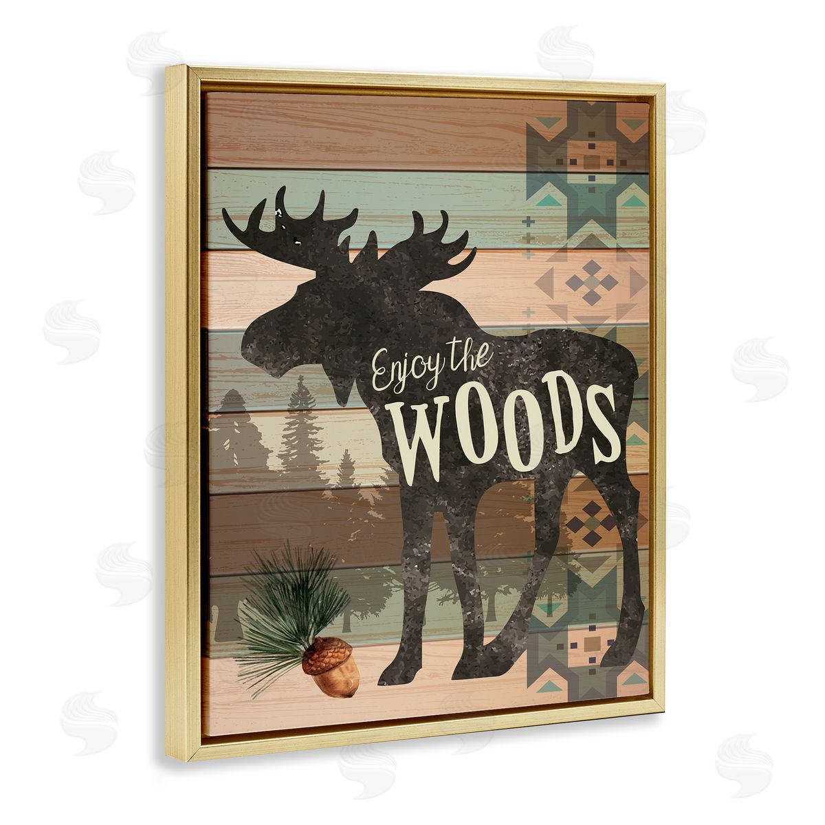 Enjoy The Woods Patterned Moose Gold Floating Frame Canvas Wall Art, Home Decor by ND Art