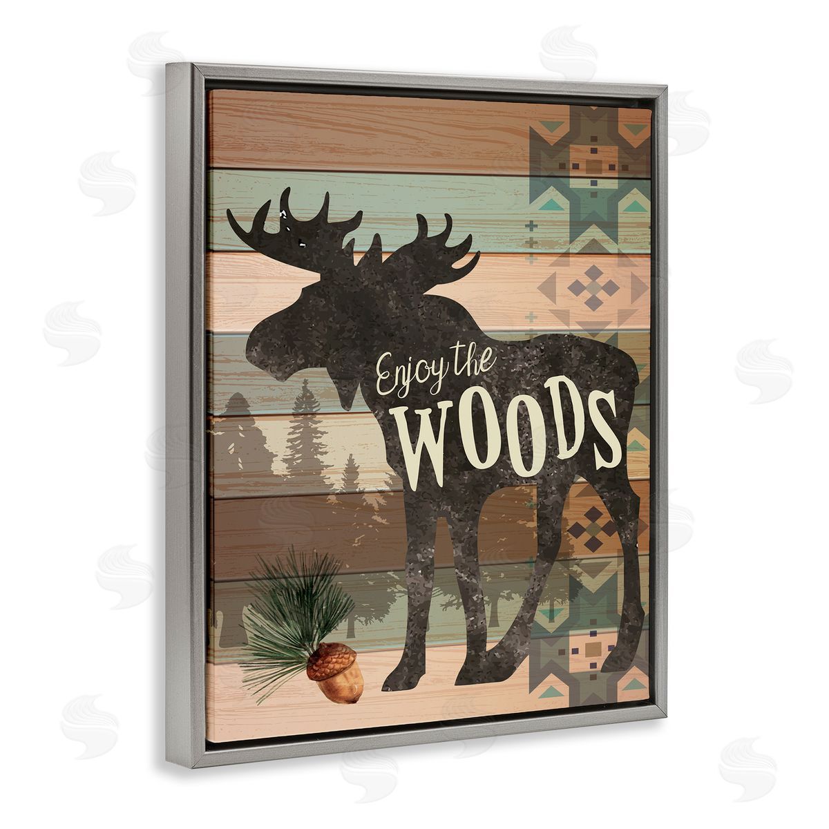 Enjoy The Woods Patterned Moose Grey Floating Frame Canvas Wall Art, Home Decor by ND Art