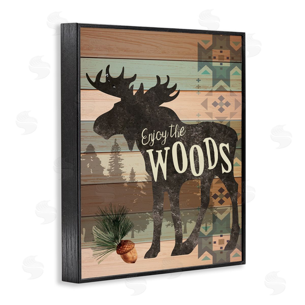 Enjoy The Woods Patterned Moose Black Frame Print Wall Art, Home Decor by ND Art