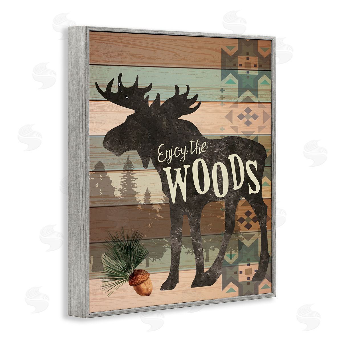 Enjoy The Woods Patterned Moose Grey Frame Print Wall Art, Home Decor by ND Art