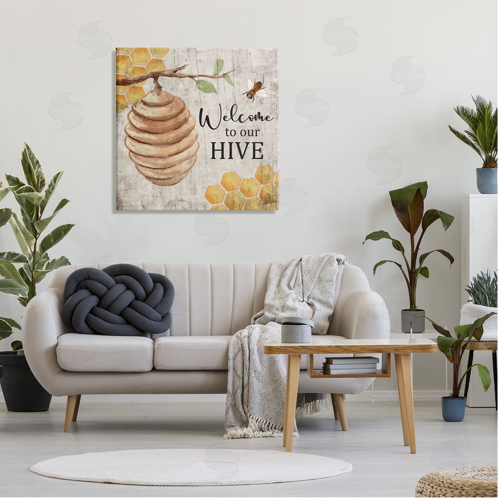 Nicole DeCamp Welcome To Our Hive Honeycomb Pattern Canvas Wall Art in Room