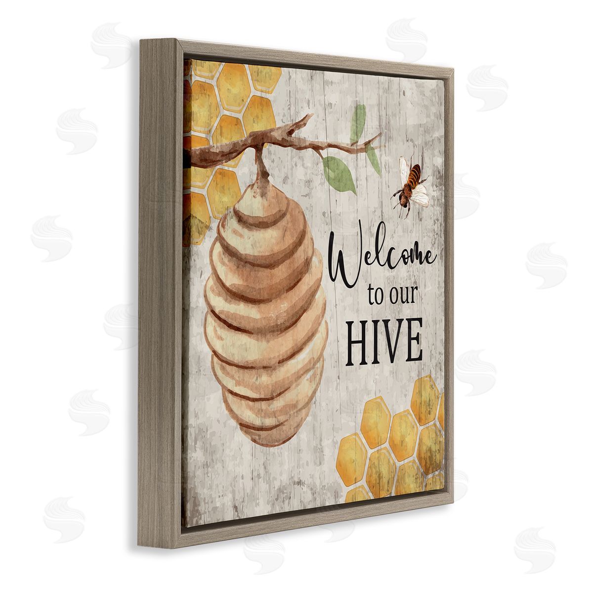 Nicole DeCamp Welcome To Our Hive Honeycomb Pattern Brown Floating Frame Canvas Wall Art Print